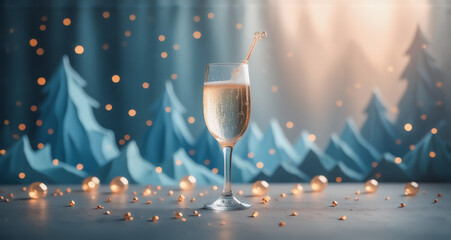 Poster - A festive scene displays a champagne flute with bubbles, a backdrop of frosty trees, and scattered golden orbs, all illuminated with a warm light. The scene implies celebration.