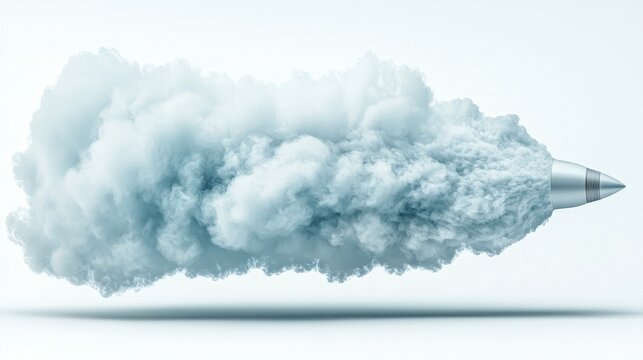 Silver Projectile Speeding Through Grey Smoke Trail Against White Background