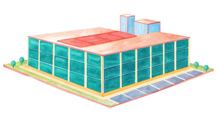 Poster - modern building with glass panels and colorful roof design, showcasing innovative isolated on transparency background