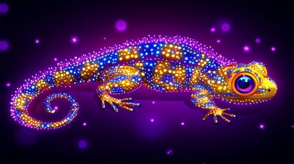 Wall Mural - Vibrant pixelated chameleon illustration against a cosmic purple backdrop a mesmerizing blend of wildlife and digital art perfect for design projects