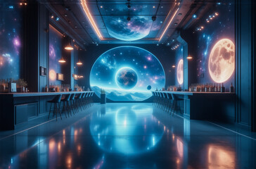 Poster - A futuristic bar with a cosmic theme.  Neon lights illuminate a sleek interior featuring a large window showcasing a vibrant, surreal space scene with planets and moons.  Reflective floors enhance the