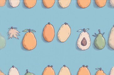 Poster - A vibrant illustration features an array of stylized fruits, including pears, oranges, and avocados, arranged in repeating rows against a light blue backdrop.  The design is reminiscent of an avatar p