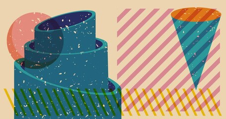 Poster - Colorful geometric shapes animation. Object in trendy riso graph design. Geometry elements abstract risograph texture style video.