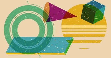 Poster - Colorful geometric shapes animation. Object in trendy riso graph design. Geometry elements abstract risograph texture style video.