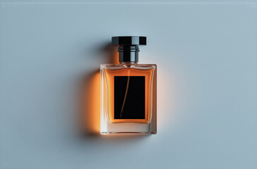 Fototapete - Amber perfume bottle on a white background, illuminated from the side, showcasing its rectangular shape and sleek design. The liquid inside is a rich, golden hue.