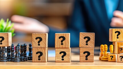 Poster - A strategic chess game in progress featuring question marks on the blocks representing uncertainty and strategy