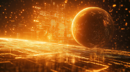 Poster - Holographic planet and digital diagram displaying fintech growth and global market insights