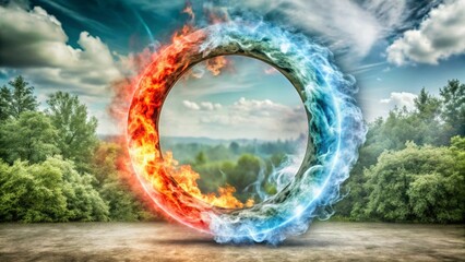 Poster - Glowing ring of red-blue fire forms an O on black, swirling flames create an enchanting aura