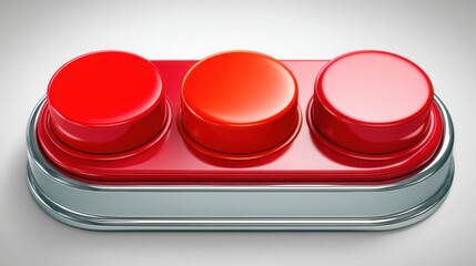 Poster - Bright red button pushed down on a surface surrounded by unpressed buttons signifying a chosen path or decision point