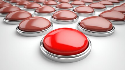 Poster - Eye-catching red button surrounded by silver buttons on a table representing a unique choice in a group or set scenario