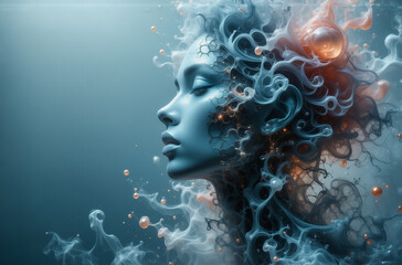 Fototapete - Serene female profile, rendered in swirling, abstract fluid forms.  Cool blues and warm oranges contrast, creating a dreamlike, ethereal effect.  Subtle luminescence adds depth.