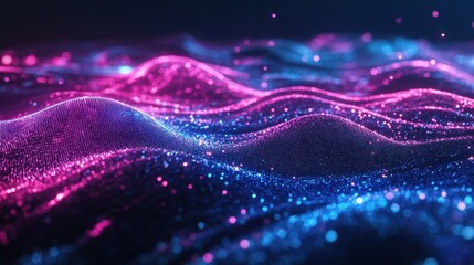 Abstract glowing particle waves in blue and pink. Futuristic background with dynamic wave motion and sparkling particles.
