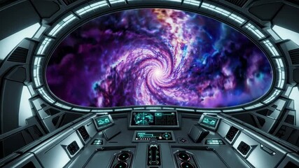 Wall Mural - Futuristic spaceship cockpit with a wormhole view. Wide-angle shot captures sci-fi ambiance, perfect for a space-themed video backdrop.