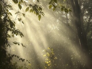 Wall Mural - AI-generated sunlight filters through lush green leaves in a serene forest setting