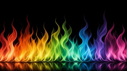 Poster - Abstract rainbow flames symbolizing creativity on a black background, vibrant and dynamic energy flow