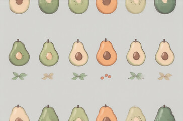 Poster - Cute avocado illustrations in various colors and stages, perfect as an avatar or for healthy food designs.  Simple, charming style.