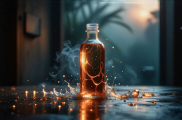 Leinwandbilder - A glass bottle of amber liquid sits on a dark surface,  surrounded by splashes and mystical smoke, illuminated by a warm, setting sun.