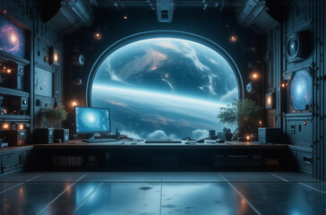 Poster - A futuristic spaceship interior boasts a large, curved window showcasing a breathtaking view of a vibrant planet Earth from space.  A sleek workstation sits below, bathed in the soft glow of ambient l