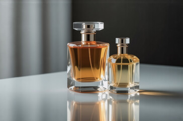Poster - Two amber glass perfume bottles sit on a reflective surface, one larger than the other, showcasing their elegant design and golden liquid.  The subtle lighting enhances the luxurious feel.