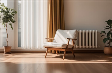 Poster - Sunlight streams into a minimalist room, illuminating a white armchair near a window with sheer and mustard curtains.  Potted plants flank the chair, adding warmth to the hardwood floor.