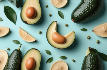 Poster - A vibrant flat lay showcasing whole and halved avocados, lemon slices, and green leaves arranged on a pastel blue background.  The composition is bright and visually appealing, highlighting the fresh 