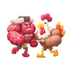Wall Mural - Cartoon beef and chicken characters with muscular features, vibrant colors, and playful isolated on white background
