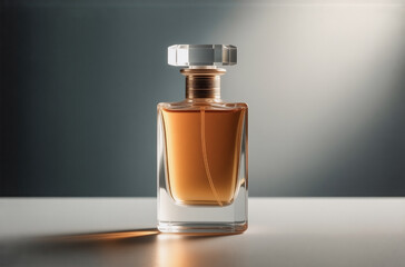 Poster - A sophisticated amber-colored perfume in a clear glass bottle with a gold cap sits on a white surface, illuminated by a single light source. The elegant design suggests a luxurious and high-quality fr