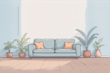 Poster - Serene living room illustration, featuring a teal sofa with orange pillows flanked by potted plants.  A minimalist aesthetic perfect for an avatar or profile picture.  The room is bathed in soft, natu