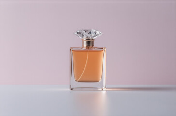 Poster - Elegant amber perfume in a clear glass bottle with a diamond-shaped cap, sits on a pale surface against a soft pink background.  The light casts a gentle shadow.