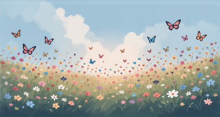 Aufkleber - The image depicts a vibrant meadow scene on a sunny day. Colorful butterflies flutter amidst blooming flowers, beneath a bright sky with fluffy clouds. Nature's beauty unfolds gracefully.