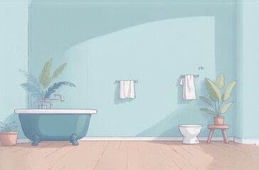 Poster - Serene bathroom illustration featuring a teal clawfoot tub, potted plants, and sunlight streaming through a window.  Perfect avatar background.