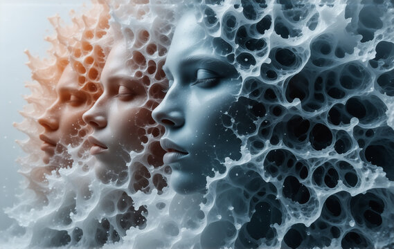 Three serene faces emerge from a porous, organic structure, blending cool blues and warm oranges.  The forms are surreal and dreamlike, suggesting transformation or interconnectedness.