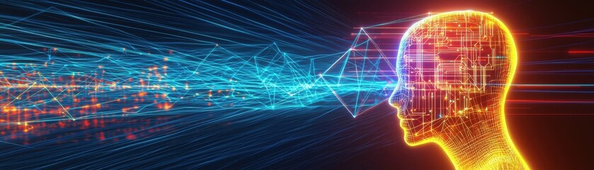 Fototapete - A vibrant digital representation of a human head with glowing circuitry, emitting streams of colorful data, symbolizing technology and artificial intelligence.