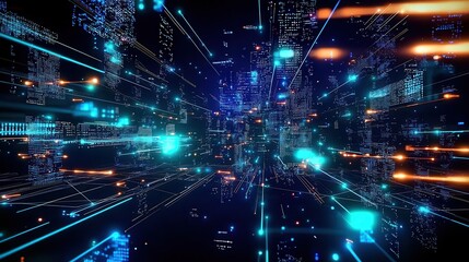 Poster - A futuristic cityscape with vibrant lights and geometric patterns, conveying a sense of motion and technology.