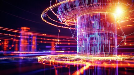 Fototapete - A vibrant, abstract depiction of a futuristic structure with glowing lines and energy, evoking a sense of advanced technology and digital innovation.