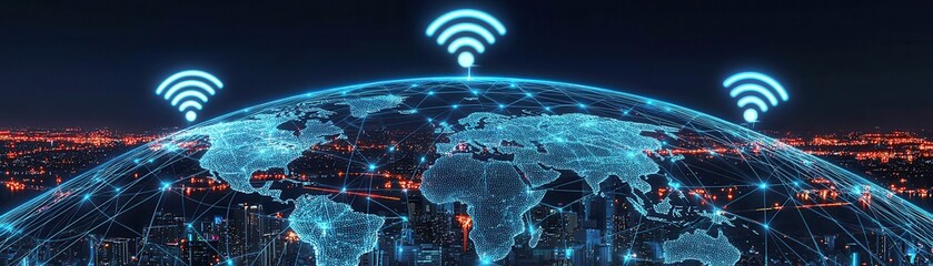 Poster - A digital representation of a globe interconnected through networks, showcasing wireless signals above urban landscapes at night.