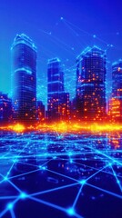 Poster - A futuristic city skyline illuminated with vibrant blue and orange lights, showcasing a network of connections and digital elements.