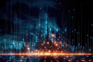 Poster - A vibrant digital landscape featuring glowing lines and structures against a dark background, evoking a sense of advanced technology and creativity.