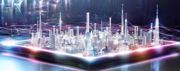 Poster - A futuristic digital cityscape illuminated with vibrant lights and interconnected lines, showcasing modern architectural designs and advanced technology.