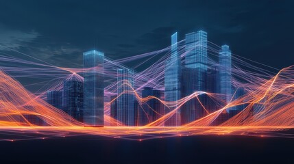 Poster - A vibrant, futuristic cityscape illuminated by dynamic light trails, showcasing a blend of technology and urban architecture.