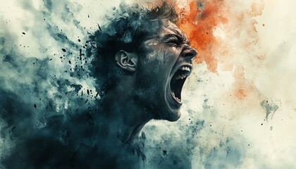 Poster - Artistic watercolor painting of a yelling man, powerful emotion and rage, moody tones and splattered brushstrokes conveying raw anger