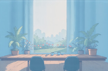 Poster - Serene room with large window overlooking a tranquil landscape.  Two chairs sit at a wooden table, flanked by potted plants. Perfect avatar background.