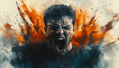 Poster - Artistic watercolor painting of a yelling man, powerful emotion and rage, moody tones and splattered brushstrokes conveying raw anger