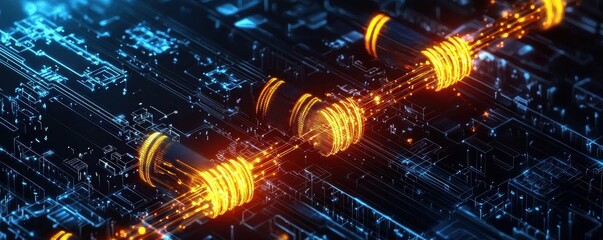 Poster - A futuristic circuit board design with glowing orange and blue elements, showcasing advanced technology through intricate patterns and luminous connections.