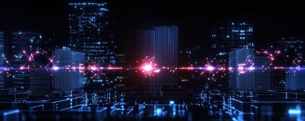 Poster - A futuristic cityscape with illuminated buildings, vibrant lights, and digital elements creating a high-tech atmosphere.