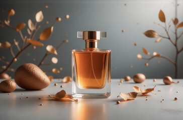 Poster - Amber perfume in a clear glass bottle with gold accents sits on a table surrounded by gold leaves and spheres.  Elegant and luxurious fragrance.