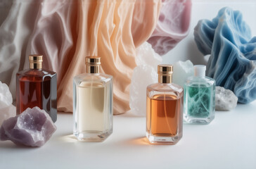 Poster - Four perfume bottles in amber, clear, and green glass with gold caps sit on a white surface amongst colorful crystals and a sculpted, flowing fabric backdrop.  A luxurious, sensory experience.