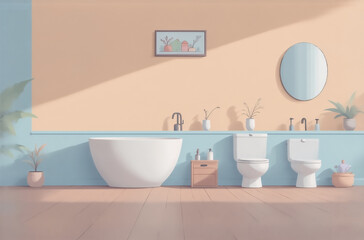 Aufkleber - Sunlit pastel bathroom, minimalist design.  Freestanding tub, toilet, and sink.  Perfect avatar background.