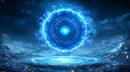 glowing blue ring above futuristic city