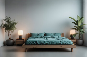 Poster - Serene bedroom with teal bedding, wooden bed frame, and minimalist nightstands.  Ambient lighting enhances the calming atmosphere, complemented by potted plants.